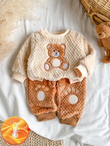 SHEIN Vintaside Kids 3件組幼童男童運動衫套裝 可愛米色棕熊貼布爪印抓絨長袖圓領加厚冬季秋季度假舒適慢跑套裝 - 棕色 - 查看 4