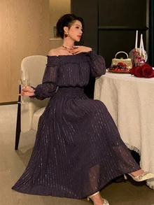 DAZY Women's 2 Pieces Set With Off-Shoulder Shirred Top And Fashionable Flared Skirt - Purple - View 9