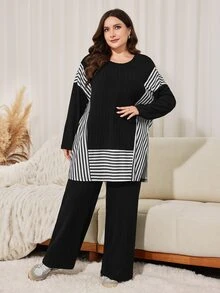 Lacomfia Plus Size Striped Color Block Long Sleeve Shirt And Minimalist Long Pants 2 Pieces Set - Black - View 6