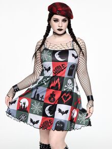 ROMWE Goth Y2K Christmas Dark Multi-Element Skull & Bell Sexy Dark Girl All-Over Print Mini Dress For Women - Multicolor - View 1