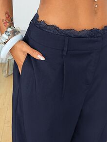 SHEIN Tall CURVE 大尺碼女款夏季街頭風商務休閒優雅約會夜穿辦公穿搭時尚極簡拼接蕾絲黑色長褲秋季 - 藏蓝色 - 查看 6