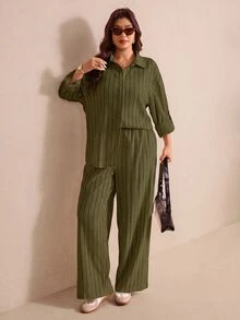 Elaquor 大尺碼休閒柔軟修身簡約基本款米色兩件套，寬鬆版型，適合秋季度假、辦公室、機場穿著 - 橄欖綠 - 查看 5