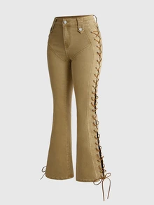 ROMWE Autumn/Winter Retro Hippie Side Lace-Up Flare Leg Women's Jeans - Coffee Brown - View 1