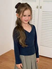 Hapijoa Young Girl) Basic Fitted Long Sleeve Autumn/Winter Inner Layer T-Shirt - Navy Blue - View 3