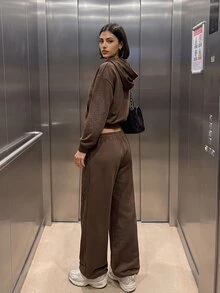 Aidyla بنطال رياضي طويل للنساء جديد للخريف/الشتاء، بتصميم أنيق مزين بحرفية الماس، بلون موحد، ساق مستقيمة، كاجوال متعدد الاستخدامات للتنقل اليومي، بخصر مطاطي - بني - مشاهدة 7