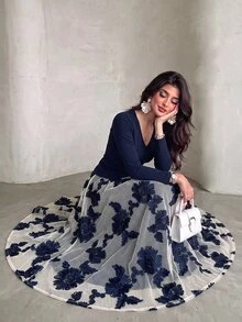 Modelyn Women's Elegant Autumn Solid Color V-Neck Long Sleeve Fitted Top & 3D Floral Mesh Midi Skirt 2 Pieces Set, Date & Commute Vibe - Navy Blue - View 3