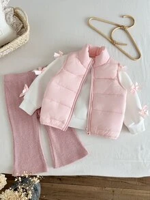 SHEIN Vintaside Kids 3件組幼女背心上衣與長褲套裝，可愛甜美粉色白色蝴蝶結羅紋加厚長袖圓領，冬季秋季保暖舒適公主風毛絨度假派對裝 - 粉色 - 查看 4