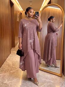 SHEIN Lady CURVE 大尺碼女款兩件套 不對稱上衣亮片裝飾長褲 優雅浪漫派對雞尾酒會正式裝 玫瑰金粉色 秋冬新款 - 金色 - 查看 4