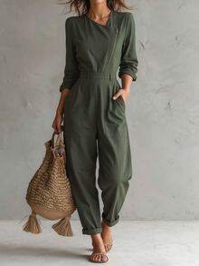 SHEIN Women's Solid Color Zipper Front Asymmetrical V Neck Pocket Long Sleeve Lantern Jumpsuit Casual Everyday Army Green Country Boho Street Fall Winter - Army Green - View 4