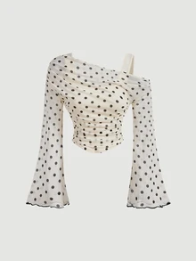SHEIN MOD Women's 2pcs Solid Color & Polka Dot Asymmetrical Shoulder T-Shirts - Brown - View 8