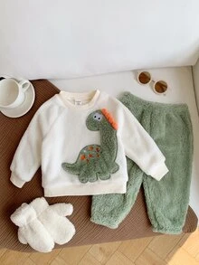 SHEIN 2件組嬰兒男童/女童秋冬套裝 卡通恐龍刺繡拼色圓領抓絨長袖套頭衛衣與鬆緊腰收口長褲 - 彩色 - 查看 5