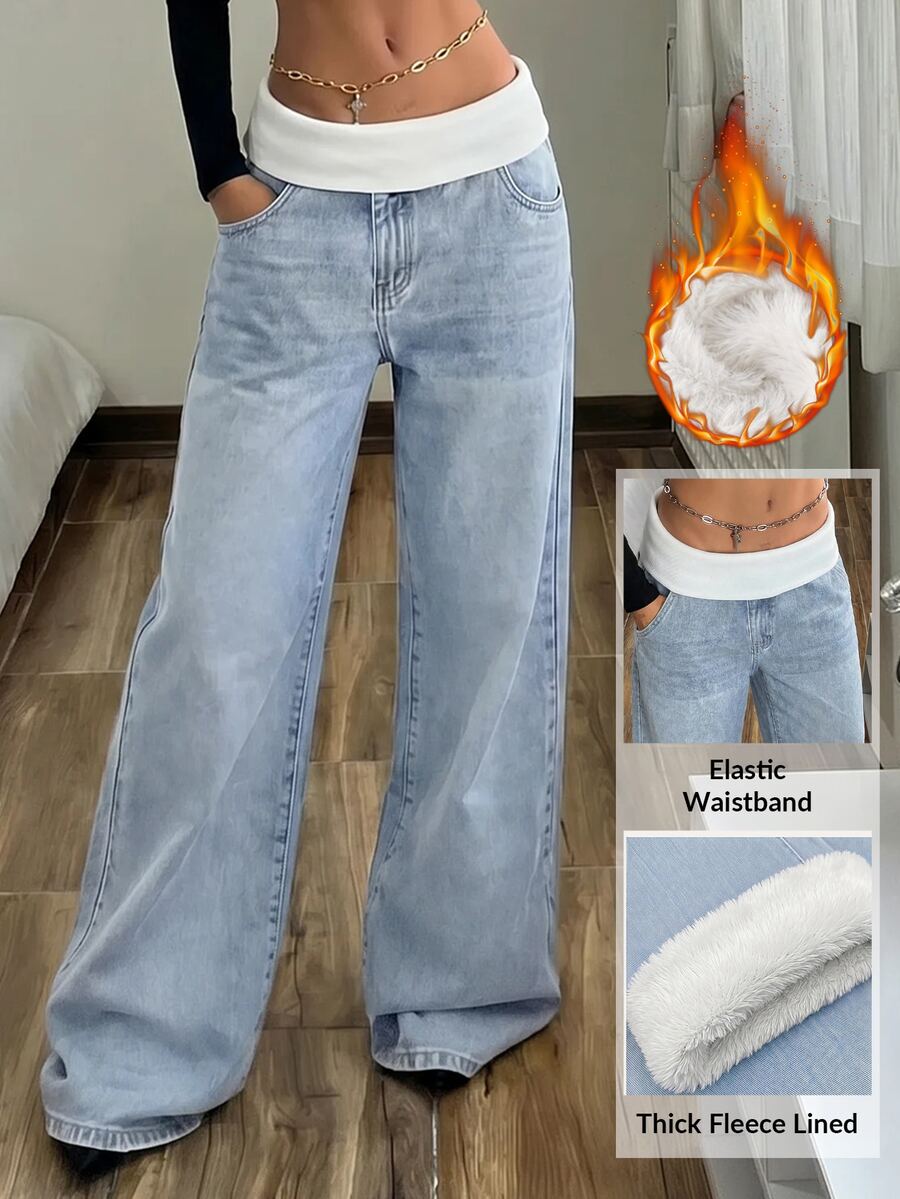 StreetHx Women's Fashion Contrast Color Pocket Loose Fit Denim Jeans For Vacation - Blue - View 1