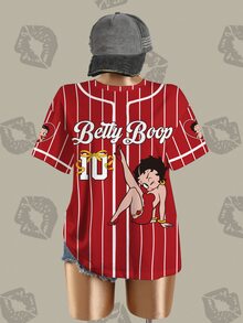 Betty Boop x SHEIN 女款字母條紋圓領短袖休閒T恤 秋季女裝運動衫 - 白色 - 查看 3