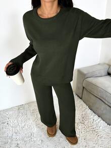 SHEIN PETITE 女款純色圓領長袖毛衣與長褲休閒常規套裝，秋冬款 - 軍綠色 - 查看 7