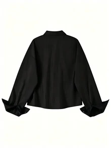 ROMWE MEN Street Life Men's Printed Colorblock Button Long Sleeve Versatile Shirt - Black - View 2