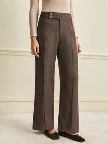 Trelyra Asymmetrical Low Waist Loose Slimming Straight Leg Design Herringbone Pattern Metal 3-Button Accent Versatile Casual Floor Length Wide Leg Pants Fashionable Elegant Regular Long Pants - Brown - View 1