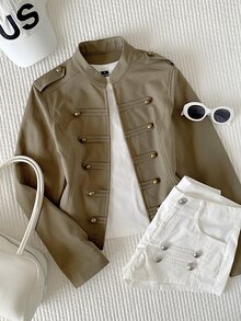 Comfortcana Women's Long Sleeve Button-Up Solid Color Napoleon Military Jacket, Halloween - Army Green - View 1