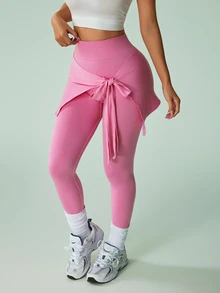 SHEIN Sovereign Charm Women's Solid Color Side Waist Twist Detail Athletic Leggings - Pink - View 1