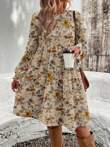 EMERY ROSE Höst/vinter ny avslappnad minimalistisk khaki blomsterprint rundhals lös midiklänning för kvinnor, lämplig för vår/höst Thanksgiving-outfit - Multifärgad - Visa 4