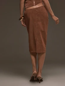 MUSERA تنورة ميدي غير متماثلة منخفضة الخصر بلون برتقالي محروق، إطلالات بأسلوب بارد للخريف والشتاء - بني - مشاهدة 4