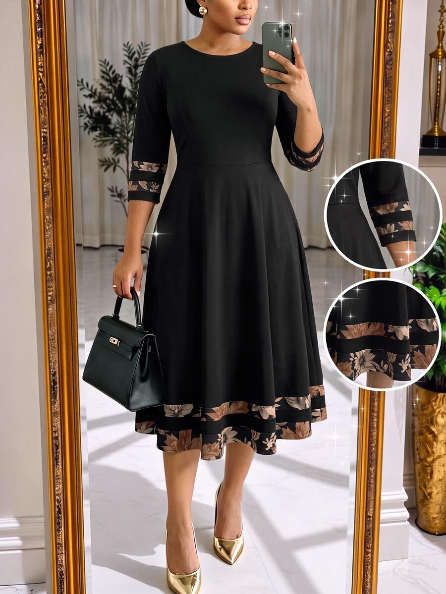 SHEIN Lady CURVE Plus Size Elegant Traditional Commuter Maple Leaf Pattern Patchwork Dress - Suitable For Teacher's Day, Formal Office And Cocktail Party (Black Summer Style) - Black - View 1