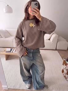 SHEIN EZwear 海外長袖草莓巧克力千鳥格 T 恤，秋季上衣，適合日常通勤、聚會、秋冬/夏季、聖誕節、新年、感恩節、派對、婚禮、海灘、畢業典禮、優雅、外出、約會、通勤、情人節、優雅、度假、Y2K、畢業典禮及其他場合 - 彩色 - 查看 6