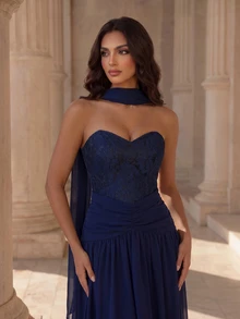 Coutiva فستان سهرة رسمي أنيق للنساء بنقشة جاكار مطوي (أسلوب حرفي ثقيل) - أزرق بحري - مشاهدة 4