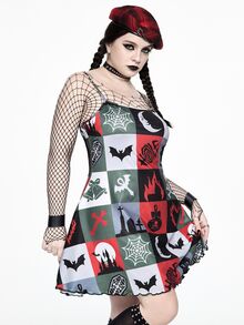 ROMWE Goth Y2K Christmas Dark Multi-Element Skull & Bell Sexy Dark Girl All-Over Print Mini Dress For Women - Multicolor - View 8