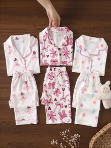 SHEIN 女嬰圓領長袖上衣與長褲休閒日常居家睡衣套裝 - 米色 - 查看 11