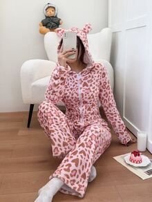 Napfluff Pink Leopard Print Star Pattern Hooded Zip-Up One-Piece Pajamas, Cozy Loungewear For Home - Pink - View 7