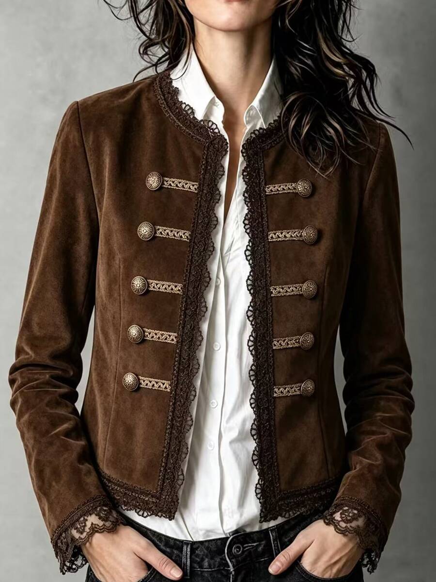 LUMIGAL Dark Brown Suede Round Neck Lace Trim Vintage Long Sleeve Women's Jacket - Coffee Brown - View 1