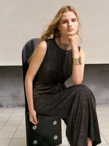 MOTF PREMIUM WOMEN'S SHINY FABRIC SLIM FIT ELEGANT SLEEVELESS MIDI DRESS - Black - View 6