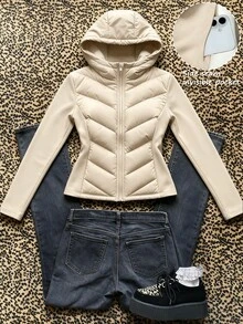 SHEIN Reset Phase 女童冬季連帽長袖休閒端莊可愛圖案修身輕量填充外套，刷毛，米色，適合學校體育館與校外穿著 - 米色 - 查看 3
