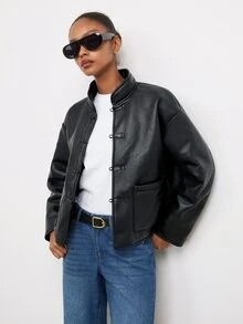Maija Women's Stand Collar Frog Button Decor Regular Jacket,Going Out Outfis - Black - View 6