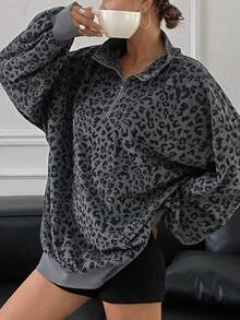 Livesso 女款豹紋休閒百搭日常穿著長袖運動衫 - 深灰色 - 查看 3