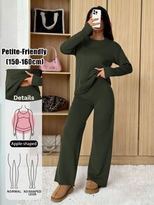 SHEIN PETITE 女款純色圓領長袖毛衣與長褲休閒常規套裝，秋冬款 - 軍綠色 - 查看 12