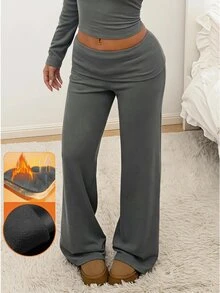 SHEIN EZwear 女款純色低腰時尚修身寬腿直筒長褲 - 淺灰色 - 查看 1