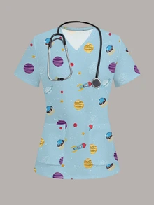 PopScrub Fun Universe Planet Spaceship Blue Women's Scrub Uniform Top - Multicolor - View 1