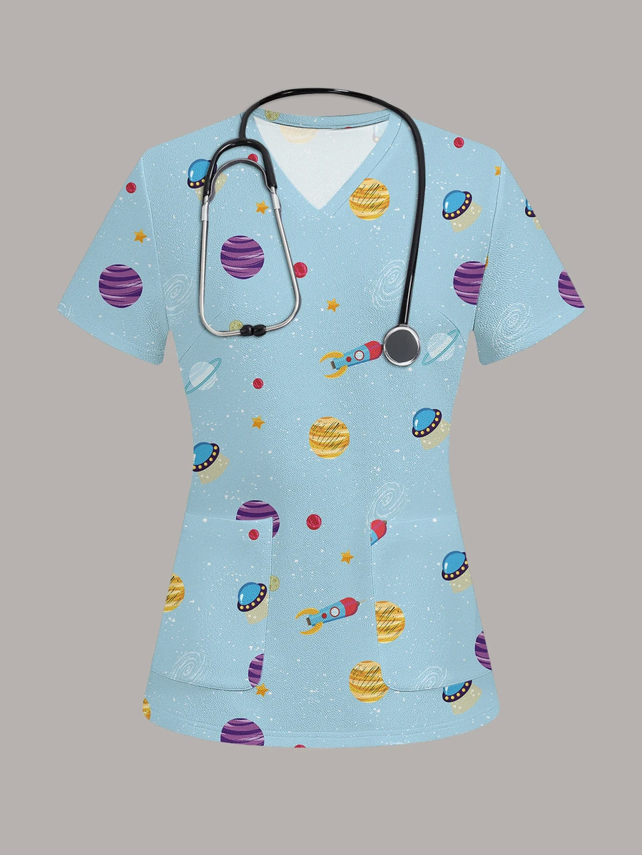 PopScrub Fun Universe Planet Spaceship Blue Women's Scrub Uniform Top - Multicolor - View 1