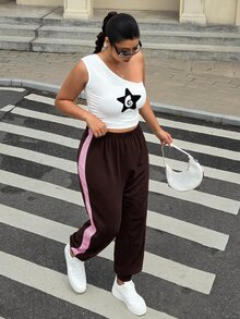 Muchica Plus Contrast Side Seam Sweatpants Graduation,Back To School Outfits,Graduation,Teacher Outfits For Women,Back To School - Chocolate Brown - View 7
