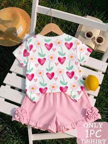 SHEIN Playful Pals 女童T恤，適合夏季、春季、秋季、冬季，四季穿著，舒適時尚，街頭風，適合4-7歲女孩，愛心、花卉、花朵、可愛、日系，日常舒適百搭，旅行、開學、聖誕節 - 白色 - 查看 2