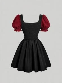 SHEIN MOD 黑白金屬扣刺繡花瓣袖 2合1短洋裝 - 紅色和黑色 - 查看 2