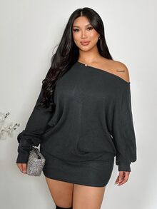 Firerie Plus Size Women's Solid Color Oblique Shoulder Long Sleeve Ribbed Fashionable Dress Spring Fall - Dark Grey - View 4