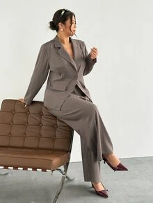 Firerie Plus Size Blazer Lapel Long Sleeve Pocket Button Solid Color Pants Set - Khaki - View 6