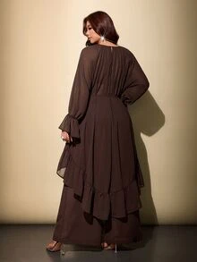 Viva Relle Atasan Wanita Lembut Chiffon Leher Bulat Berkerut Hem Asimetris Minimalis Elegan untuk Perjalanan Sehari-hari, Pesta Koktail, Celana Panjang Lebar, Setelan Dua Potong Warna Cokelat Musim Gugur - Coffee Brown - View 2