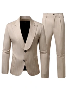 Manfinity Mode Men's Pocket Button Long Sleeve Jacket And Striped Long Pants Suit Set - Khaki - View 5