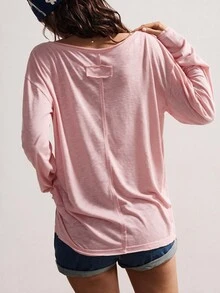 Bohemela 秋冬波西米亞風休閒純色針織V領長袖寬鬆女款T恤 - 粉色 - 查看 7