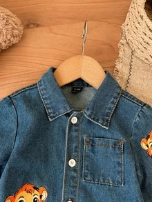 Cozy Pixies Baby Boys Denim Kids Cartoon Lion Pattern Blue Wide Cardigan Jacket Printed Denim Coat - Blue - View 4