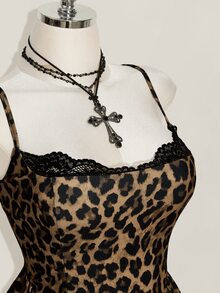 SHEIN ICON Women's Plus Size Leopard Print Contrast Lace Cami Dress - Brown - View 6