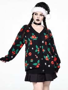 ROMWE Plus Size Women Gothic Style Christmas Skull, Cherry, Gift Box, Candy Cane, Star Pattern Loose Casual Cardigan Sweater - Black - View 6